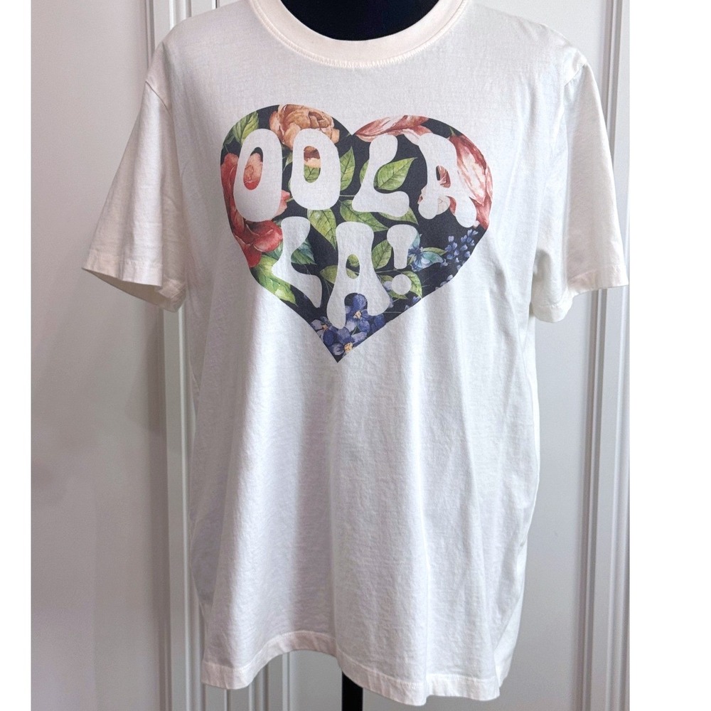 Johnny Was Cotton Cream Oola La! Floral Heart Graphic Tee Shirt L - Picture 2 of 4